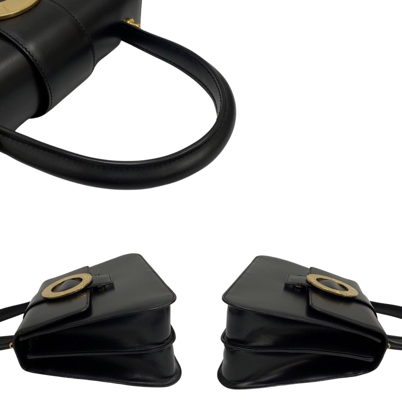 Celine Shoulder Bag Calfskin, Leather Black Circle Logo Metal 2Way Women
