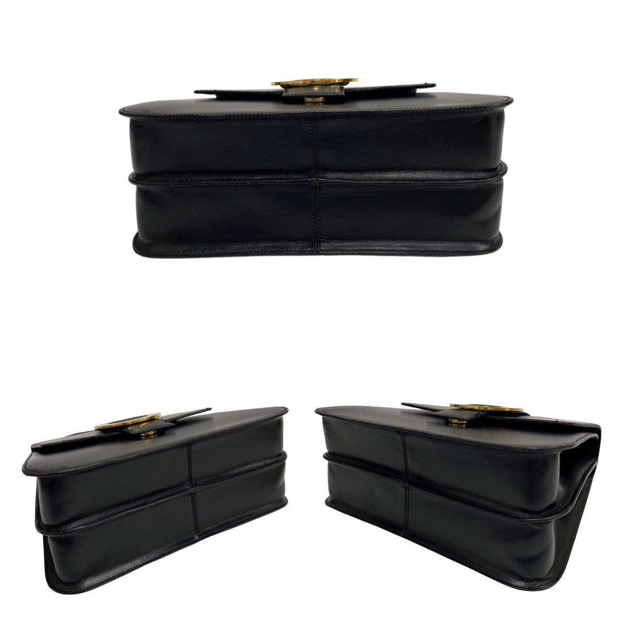 Celine Shoulder Bag Calfskin, Leather Black Circle Logo Metal 2Way Women