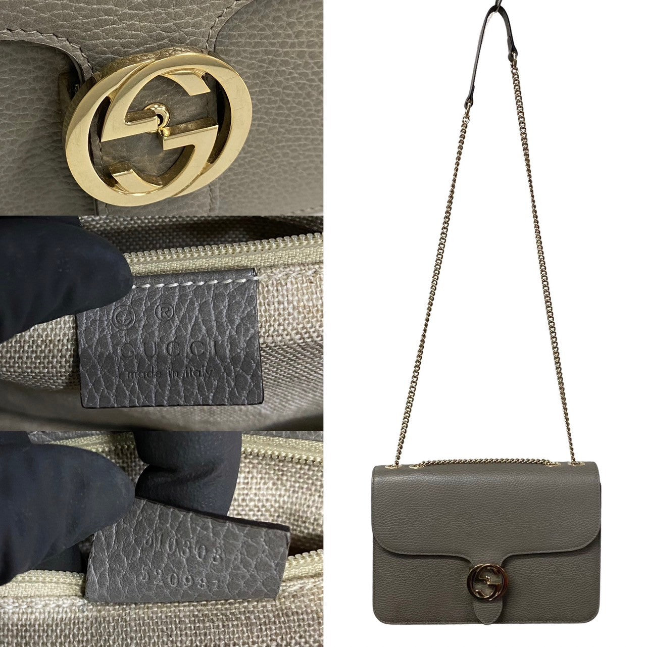 Gucci Shoulder Bag Leather Gray Interlocking Women