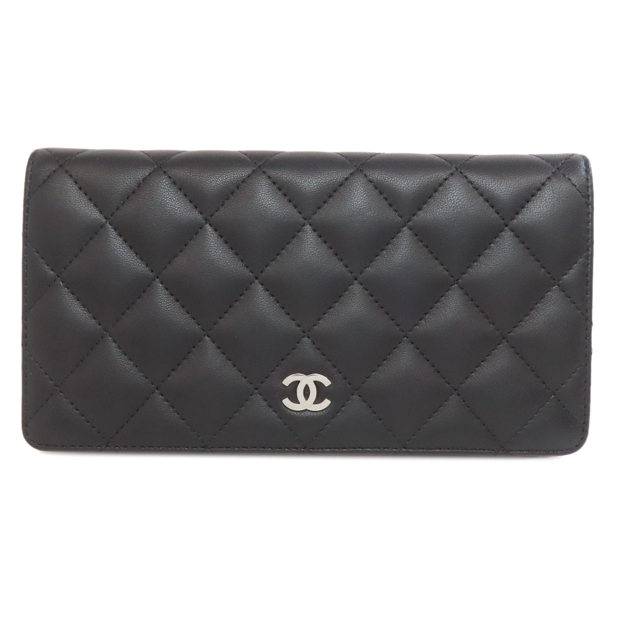 Chanel Long Wallet Purse Lambskin Black Matelasse Silvermetal Women