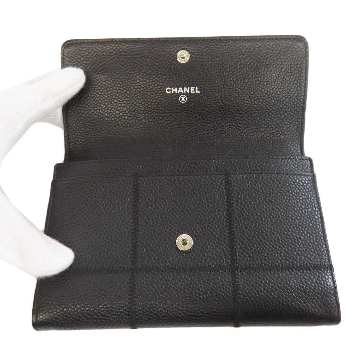 Chanel Bifold Wallet Grained Calfskin Skin Black Chocolate Bar Silver Metal Women