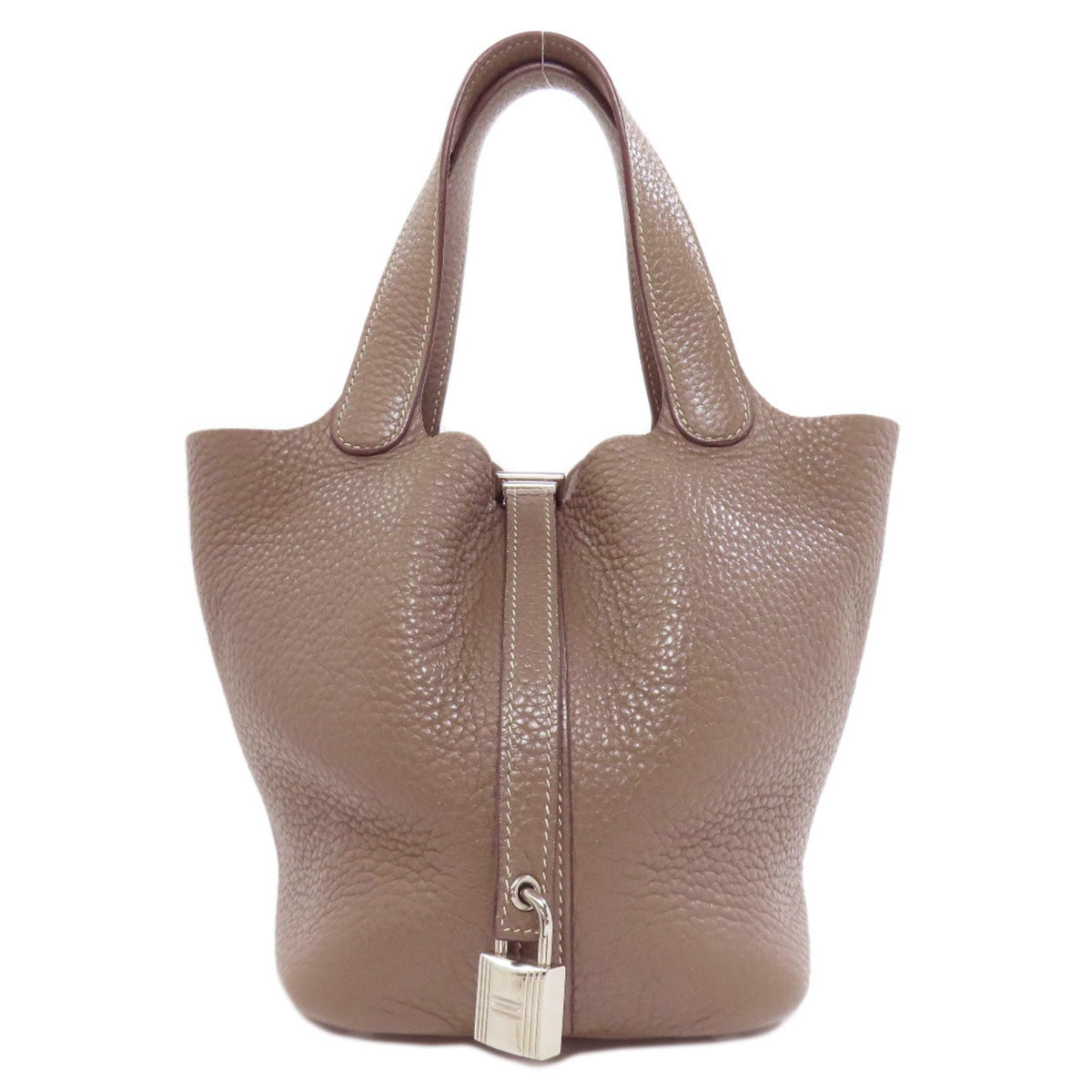 Hermes Handbag Taurillon Clemence Beige Picotin Lock Pm Etoupe Silvermetal Women