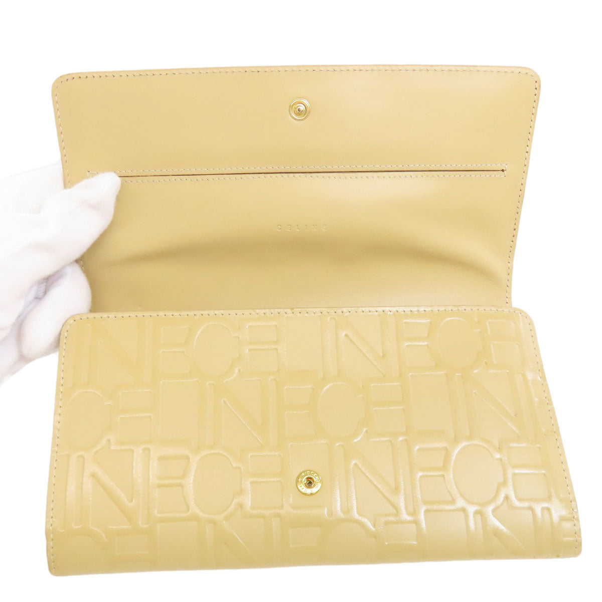 Celine Long Wallet Purse Leather Beige Logo Women