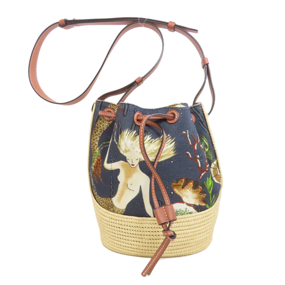 Loewe Shoulder Bag Canvas, Raffia Black Mermaid Motif Women
