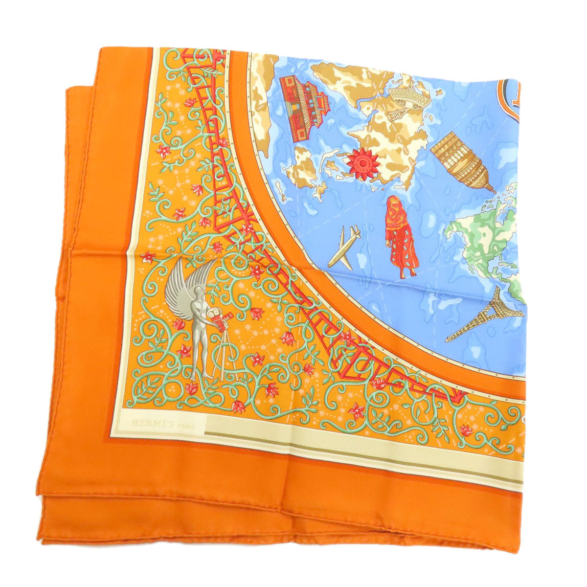 Hermes Scarf Silk Orange Carre90 World Map