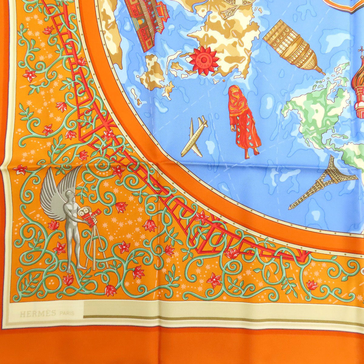 Hermes Scarf Silk Orange Carre90 World Map