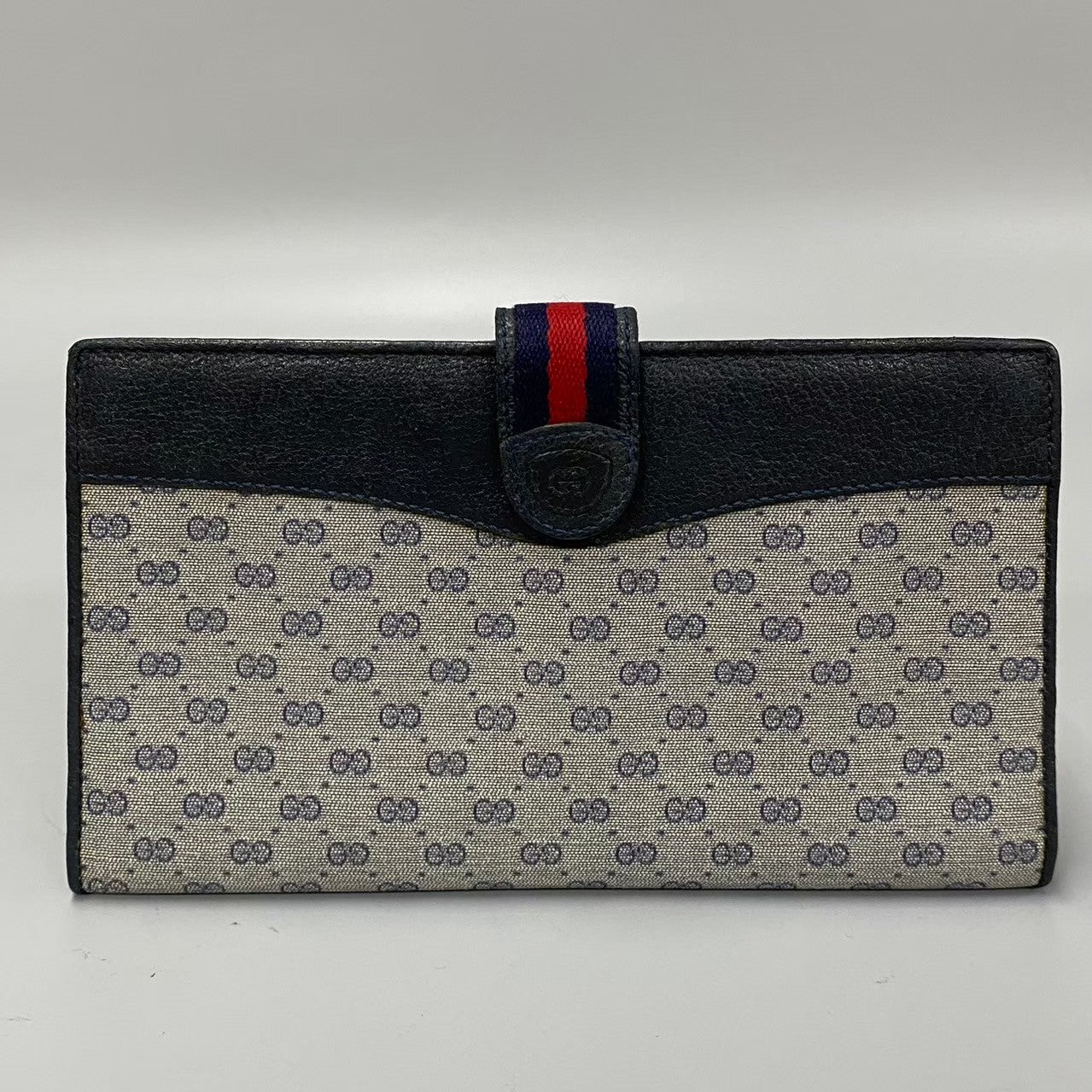 Gucci Long Wallet Purse Leather, Pvc Navy Sherry Line Micro Gg Women