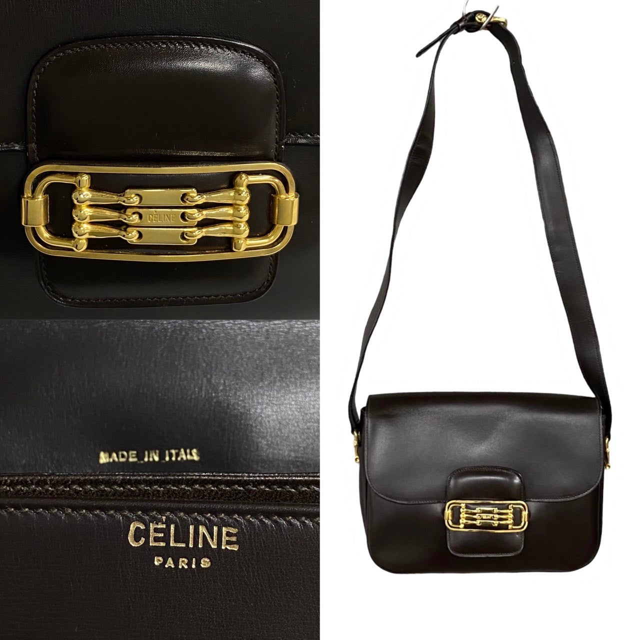 Celine Shoulder Bag Leather Brown Horsebit Women