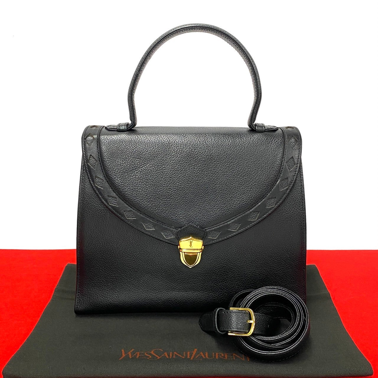 Yves Saint Laurent Shoulder Bag Leather Black Logo Metal 2Way Women
