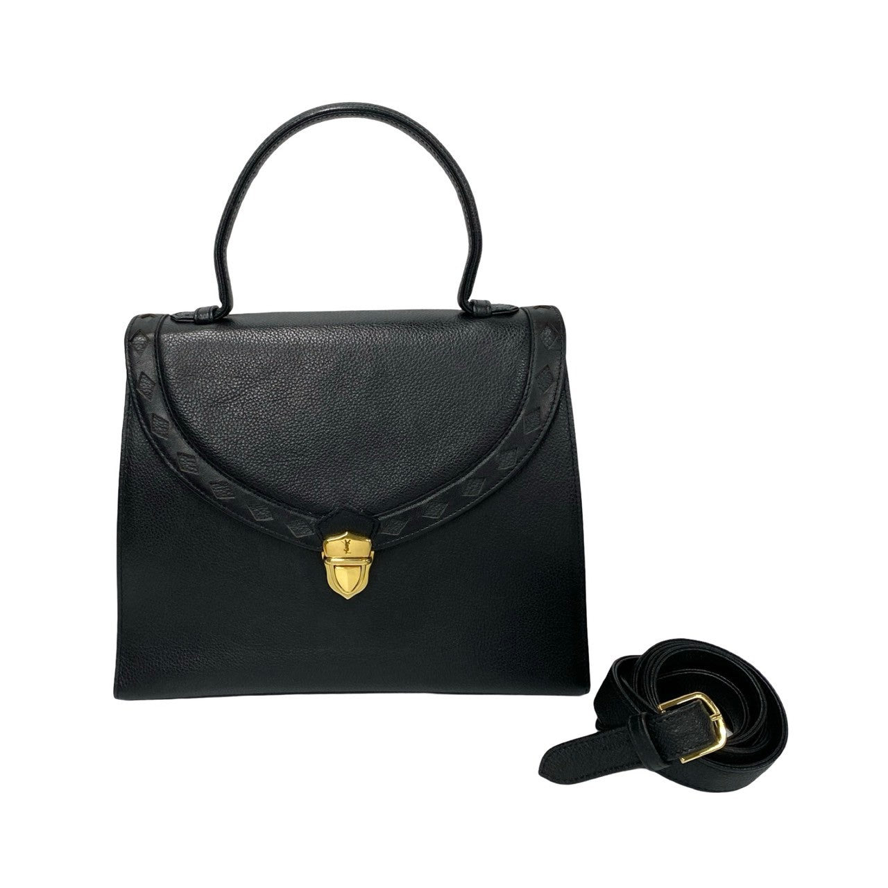 Yves Saint Laurent Shoulder Bag Leather Black Logo Metal 2Way Women