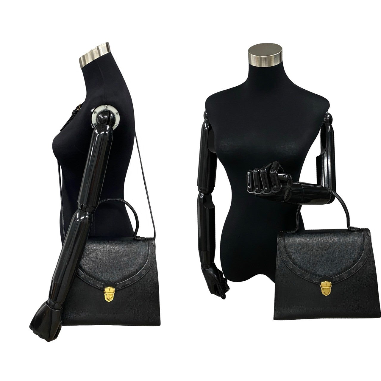 Yves Saint Laurent Shoulder Bag Leather Black Logo Metal 2Way Women