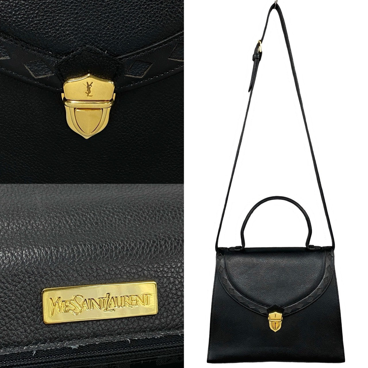 Yves Saint Laurent Shoulder Bag Leather Black Logo Metal 2Way Women