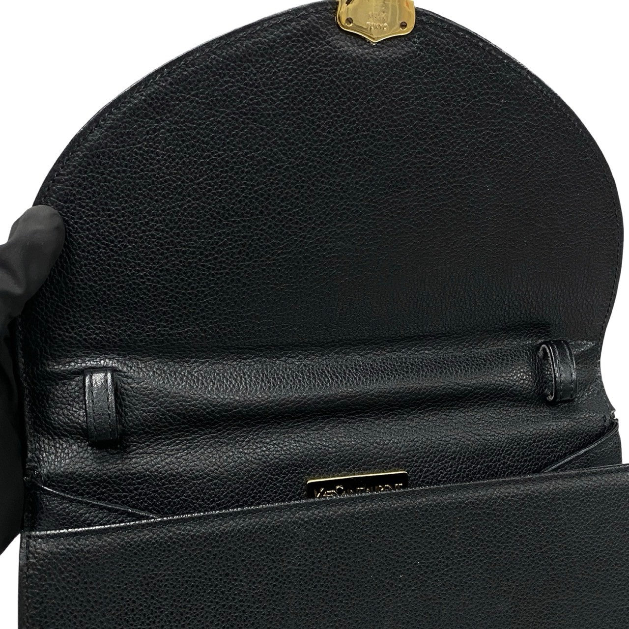 Yves Saint Laurent Shoulder Bag Leather Black Logo Metal 2Way Women