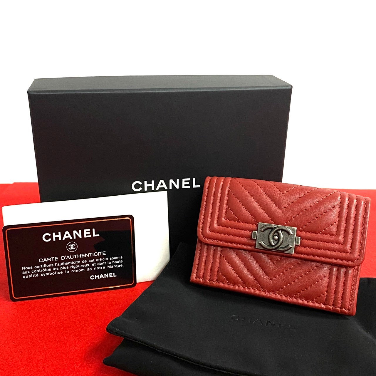 Chanel Tri-Fold Wallet Leather, Lambskin Red Coco Mark Boy Chanel Women
