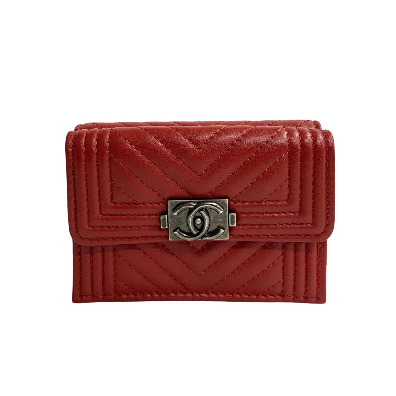 Chanel Tri-Fold Wallet Leather, Lambskin Red Coco Mark Boy Chanel Women