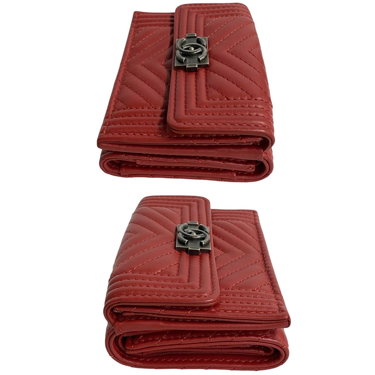 Chanel Tri-Fold Wallet Leather, Lambskin Red Coco Mark Boy Chanel Women