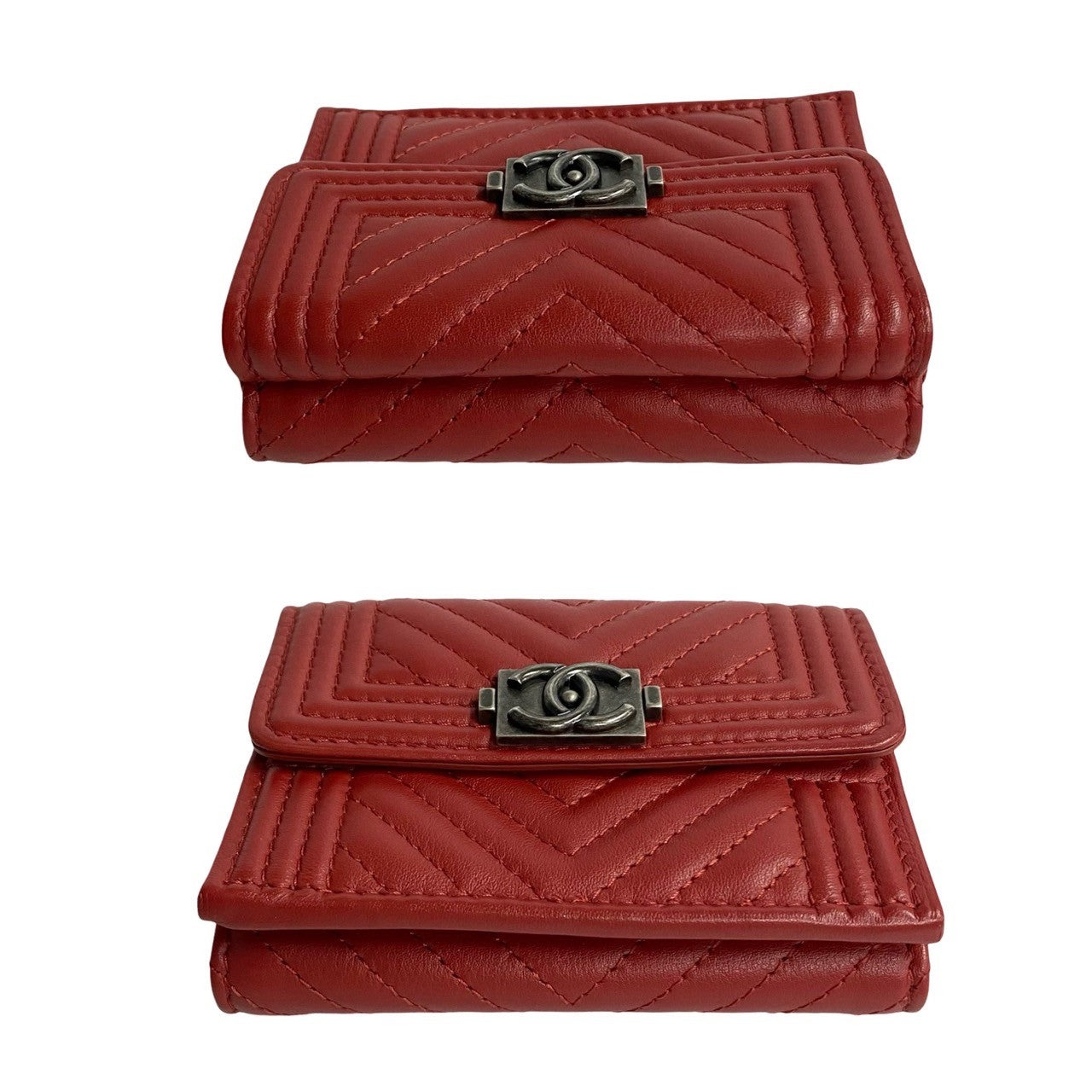 Chanel Tri-Fold Wallet Leather, Lambskin Red Coco Mark Boy Chanel Women