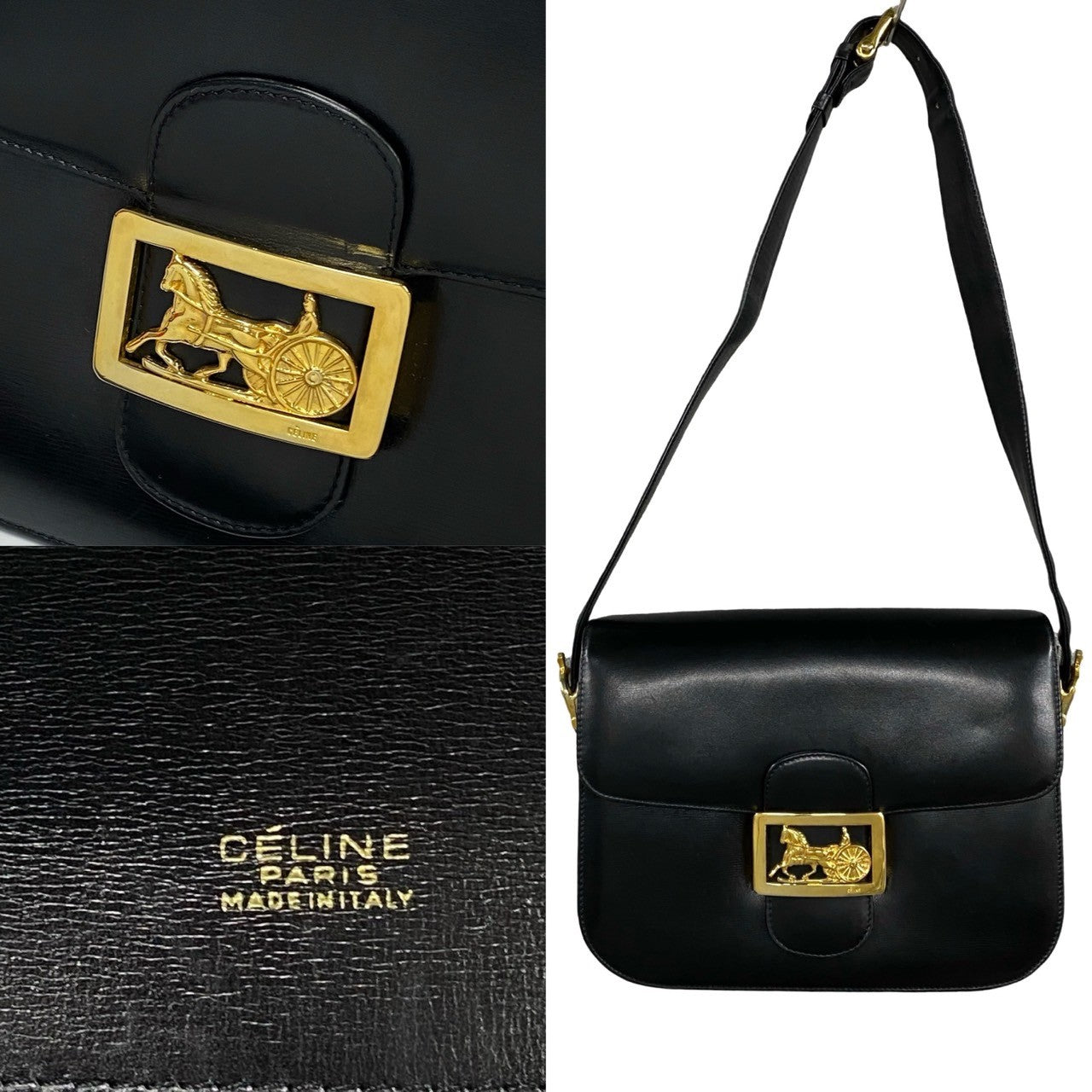 Celine Shoulder Bag Calfskin, Leather Black Logo Carriage Metal Women