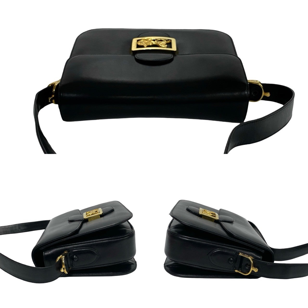 Celine Shoulder Bag Calfskin, Leather Black Logo Carriage Metal Women