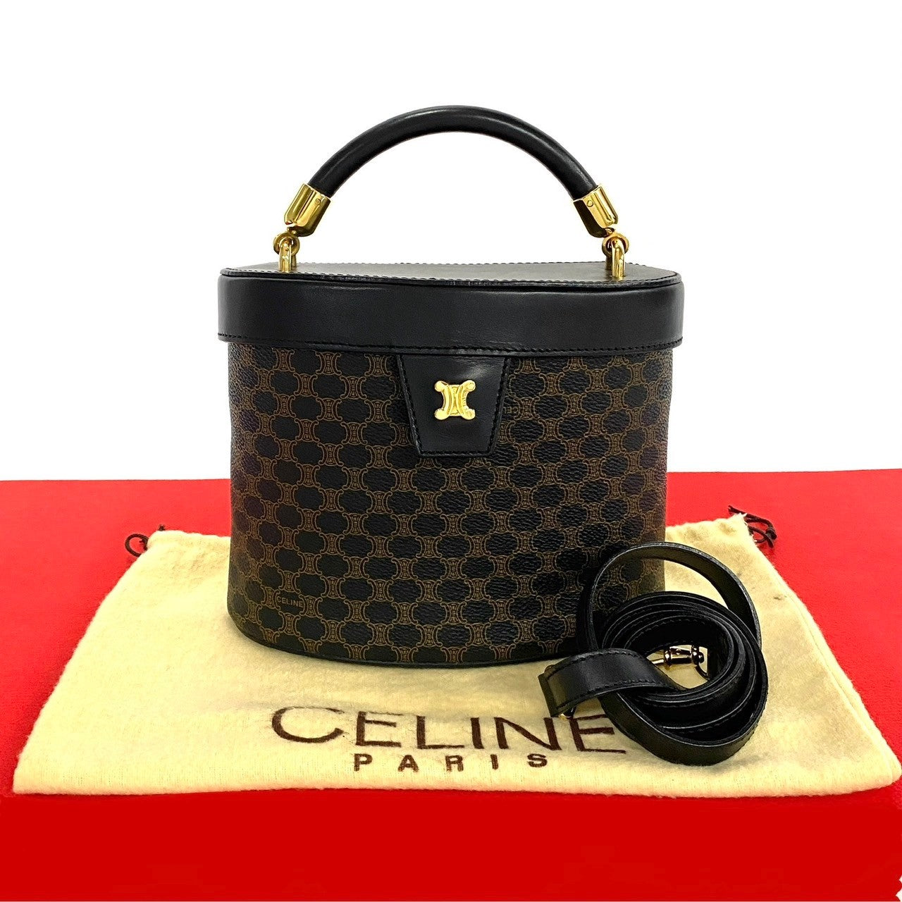 Celine Shoulder Bag Leather, Pvc Black Macadam Blazon Pattern Triomphe Logo Metal Women