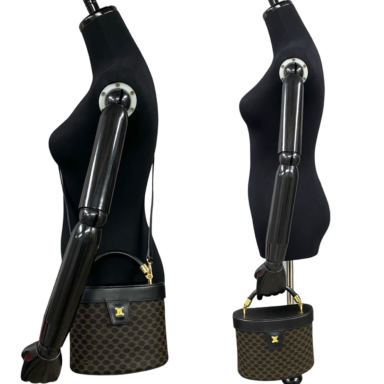 Celine Shoulder Bag Leather, Pvc Black Macadam Blazon Pattern Triomphe Logo Metal Women