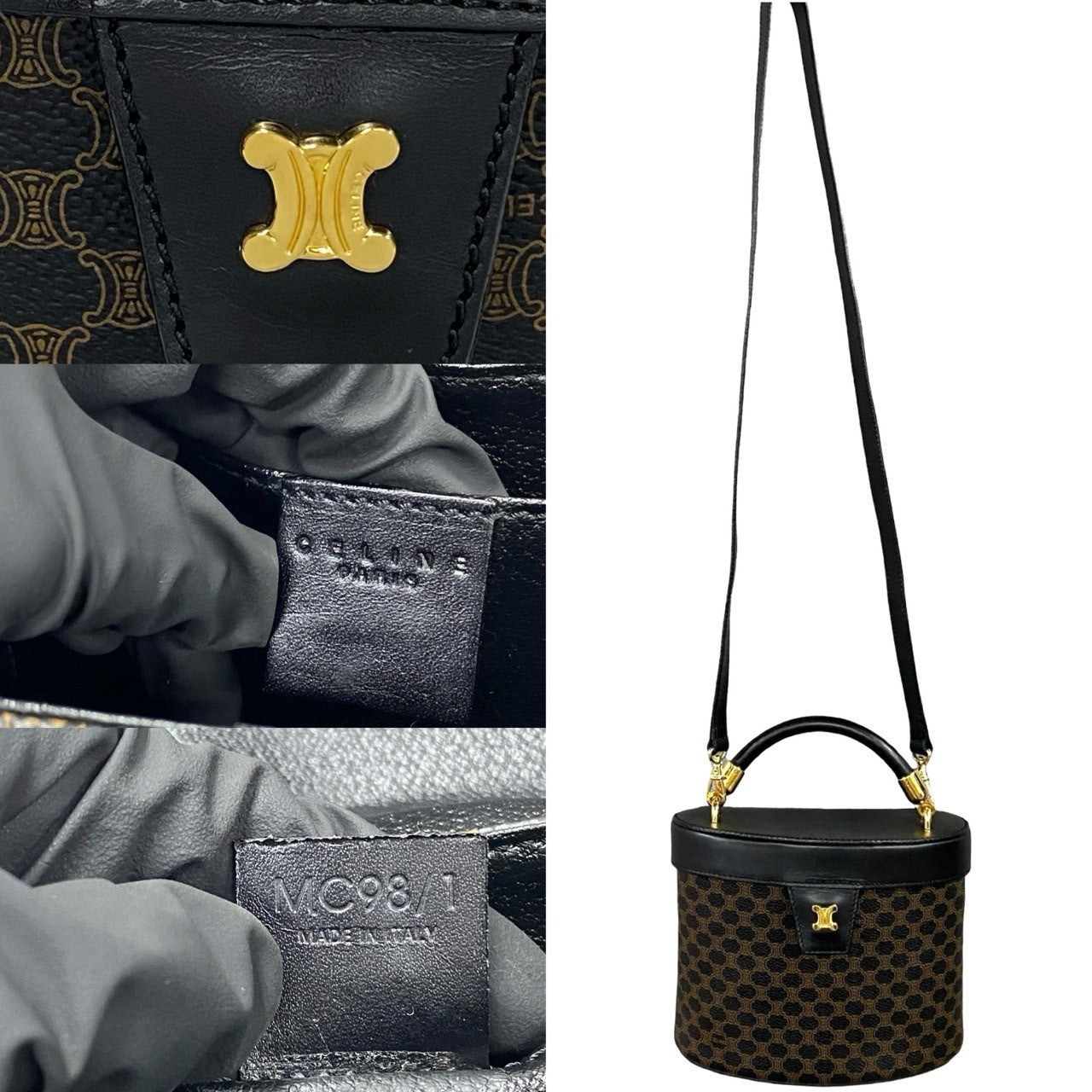 Celine Shoulder Bag Leather, Pvc Black Macadam Blazon Pattern Triomphe Logo Metal Women
