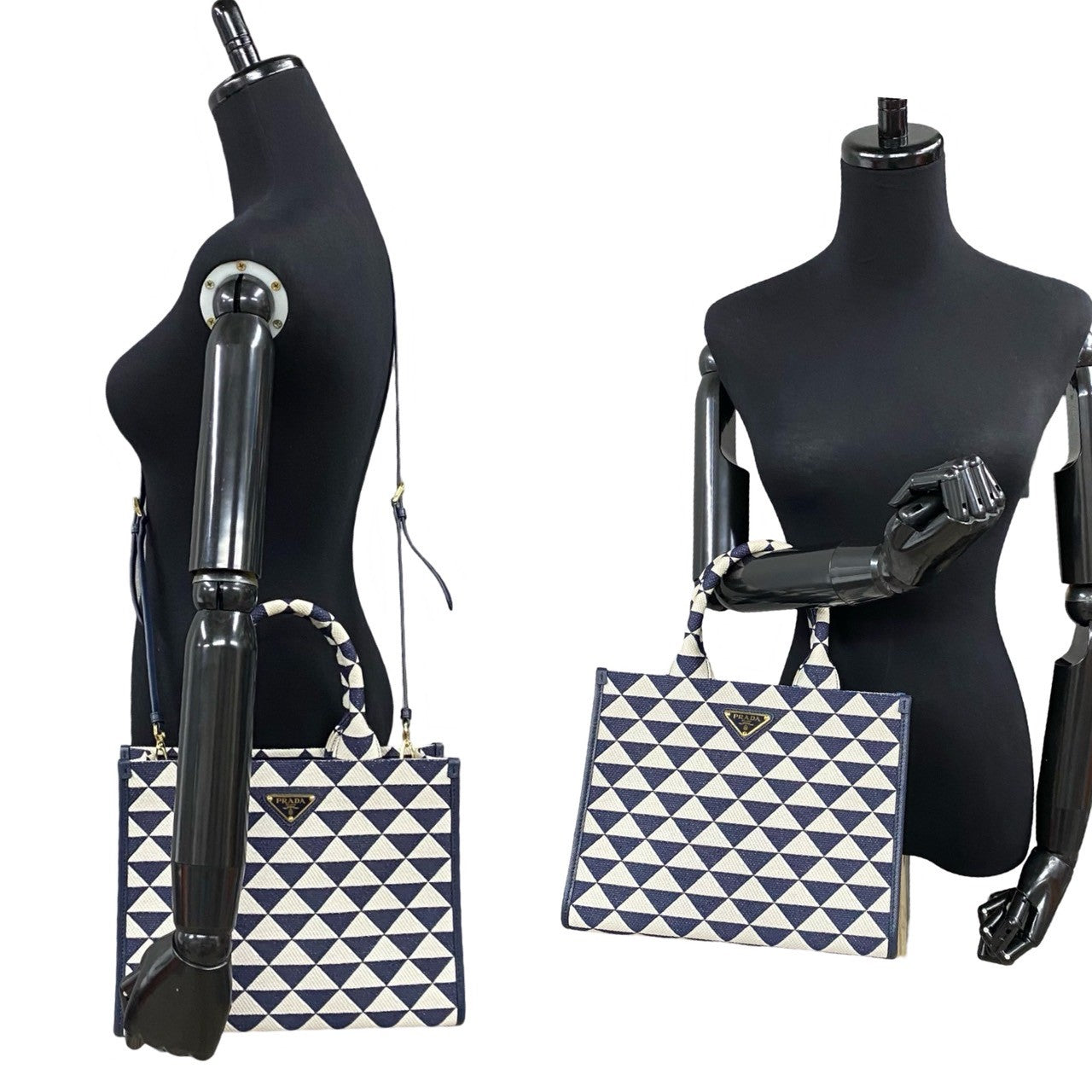 Prada Handbag Canvas, Leather Navy Triangle Logo Metal Symbol Embroidery Fabric Small Women
