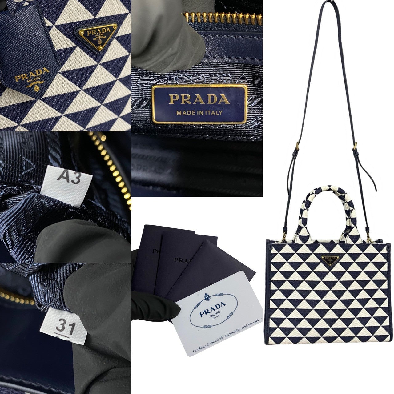 Prada Handbag Canvas, Leather Navy Triangle Logo Metal Symbol Embroidery Fabric Small Women