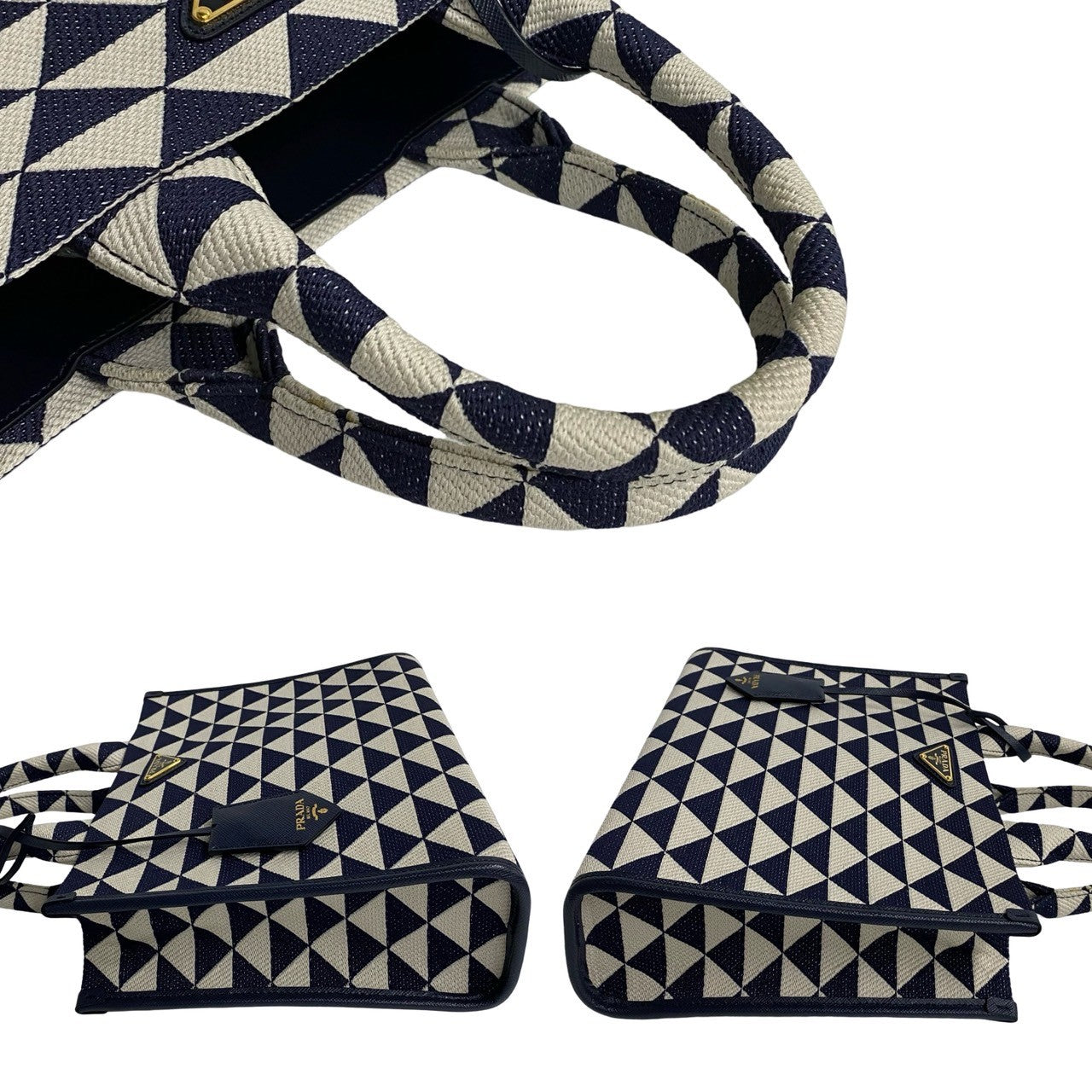 Prada Handbag Canvas, Leather Navy Triangle Logo Metal Symbol Embroidery Fabric Small Women