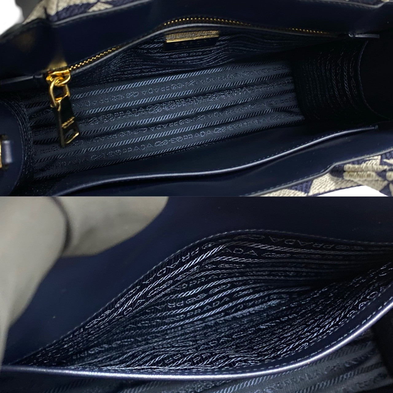 Prada Handbag Canvas, Leather Navy Triangle Logo Metal Symbol Embroidery Fabric Small Women