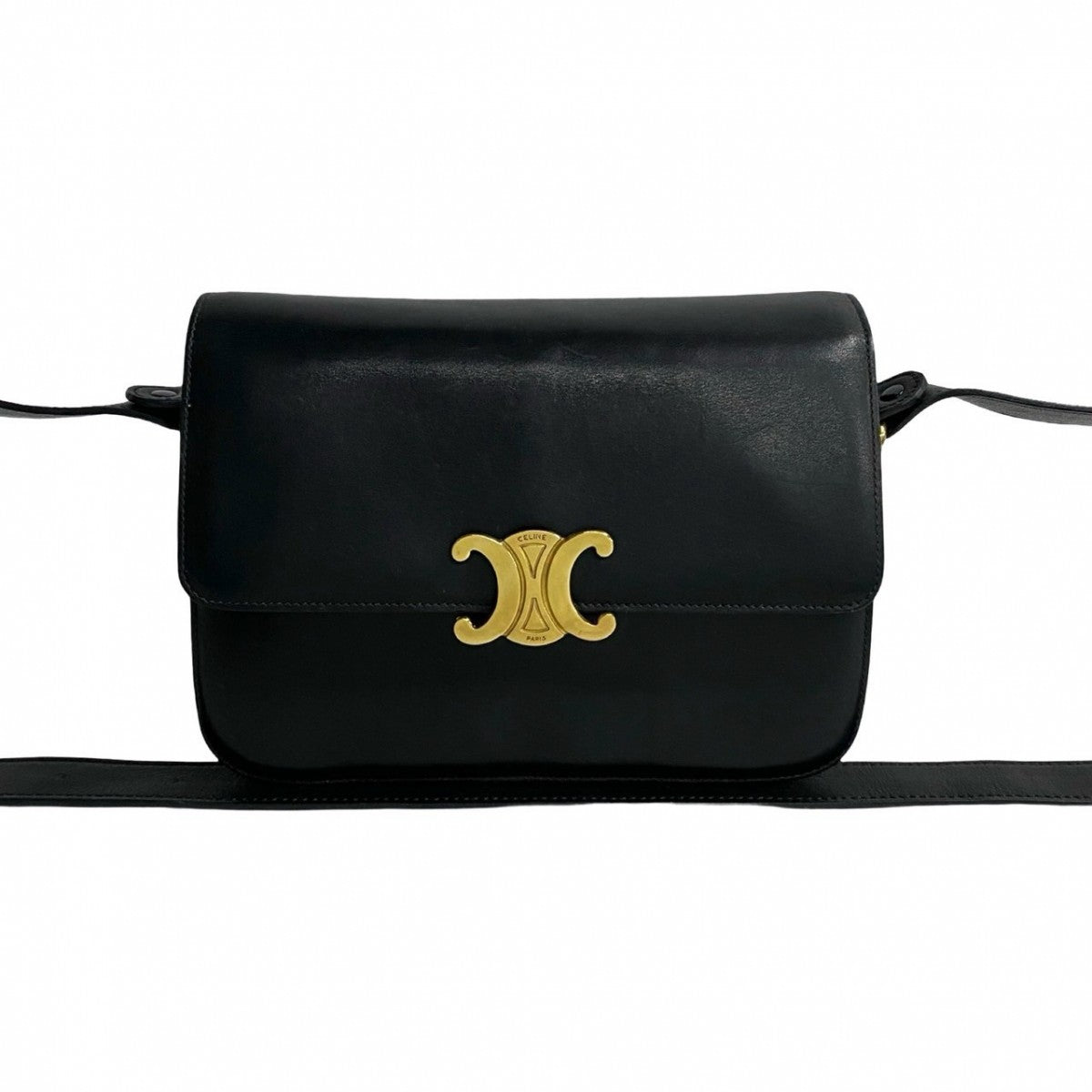 Celine Shoulder Bag Leather Black Triomphe Logo Metal Women