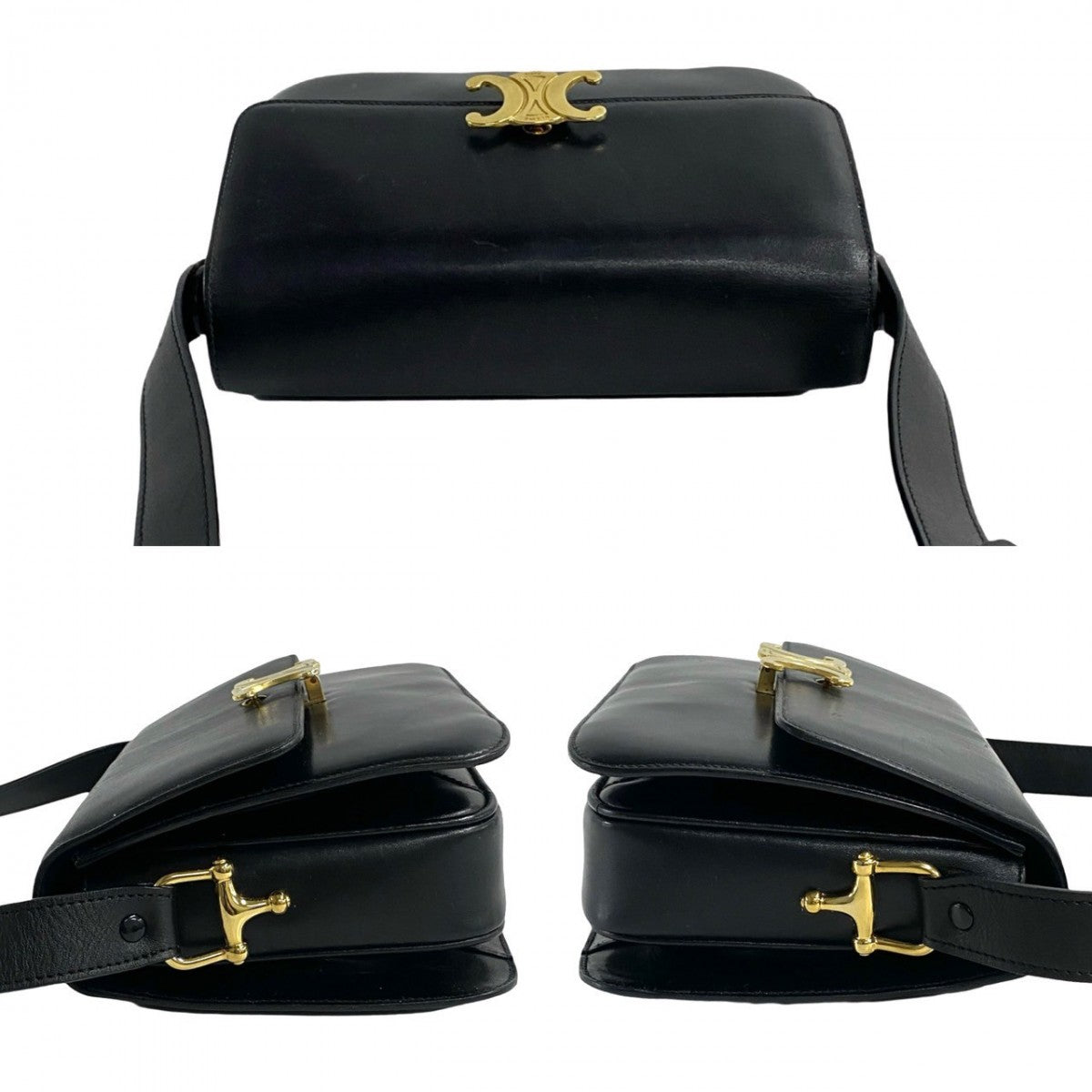 Celine Shoulder Bag Leather Black Triomphe Logo Metal Women