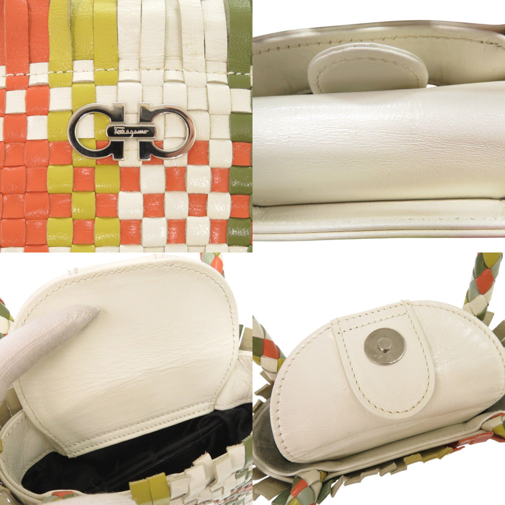 Salvatore Ferragamo Handbag Do-217225 Leather White Vintage Gancini Braided Women
