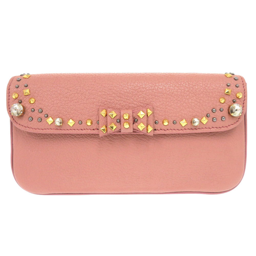 Miumiu Clutch Bag Leather, Stone Pink Ribbon, Beads, Studs Women