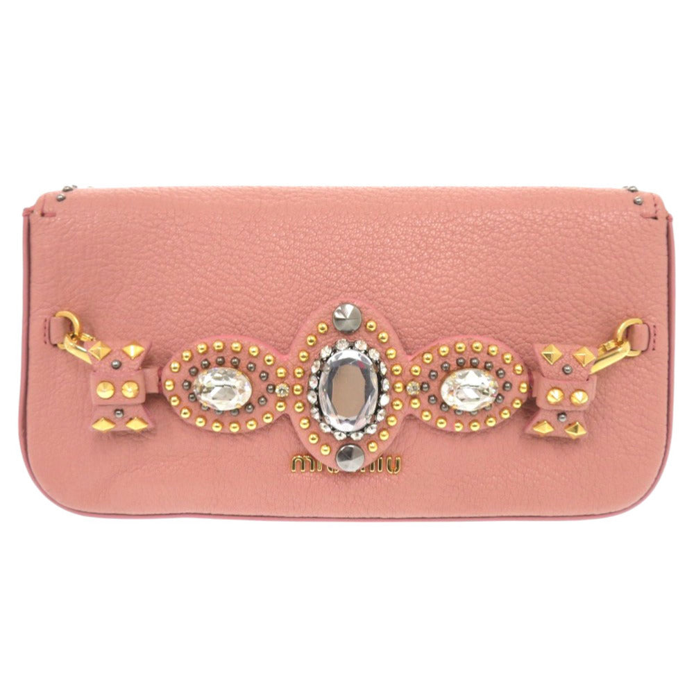 Miumiu Clutch Bag Leather, Stone Pink Ribbon, Beads, Studs Women