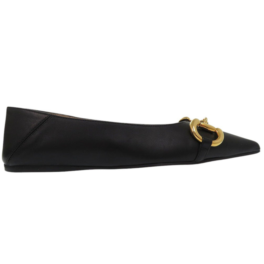 Gucci Pumps 621161 Leather Black Chain Pointed Toe Flats Horsebit Women 34 1/2