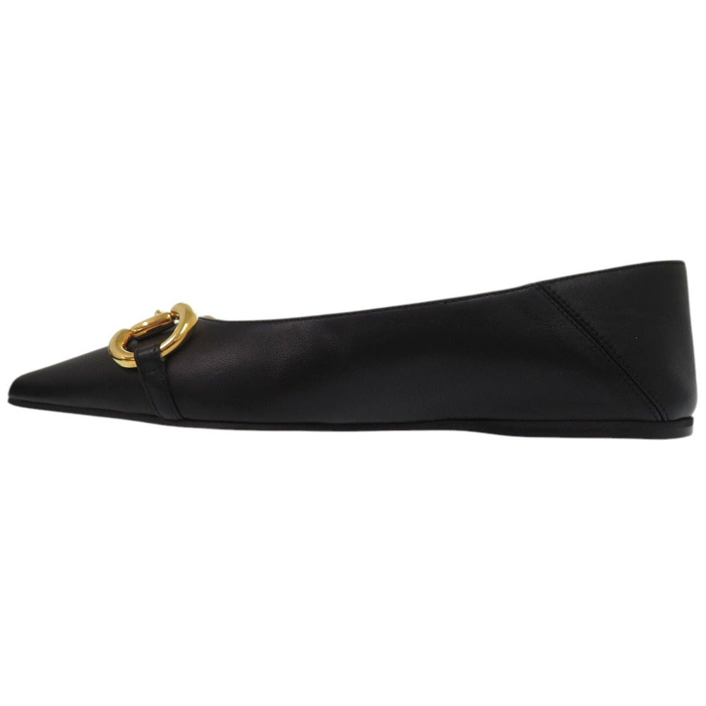 Gucci Pumps 621161 Leather Black Chain Pointed Toe Flats Horsebit Women 34 1/2
