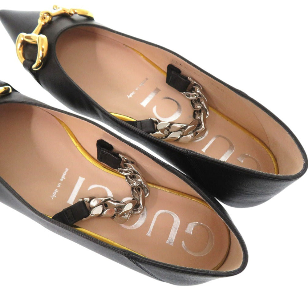 Gucci Pumps 621161 Leather Black Chain Pointed Toe Flats Horsebit Women 34 1/2