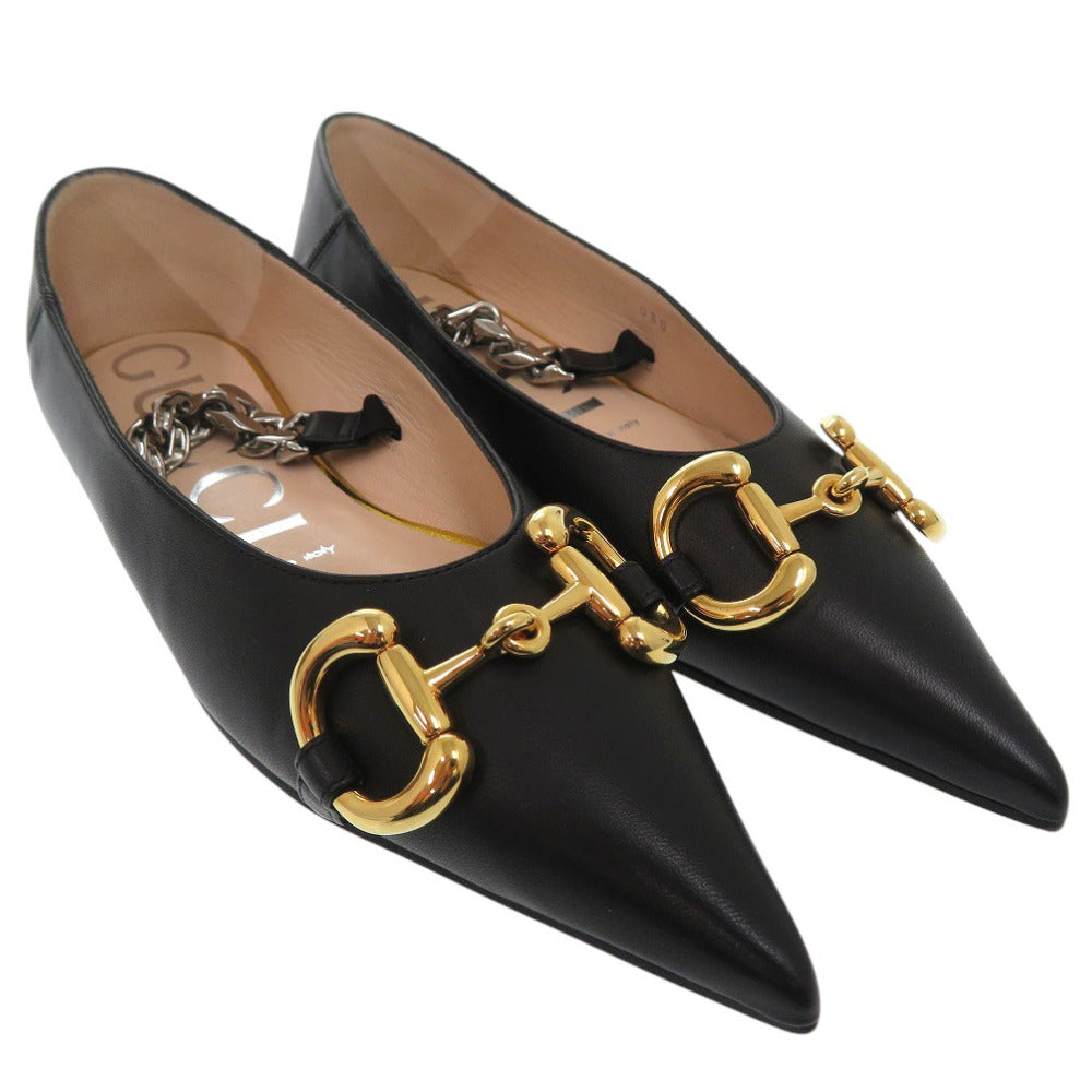 Gucci Pumps 621161 Leather Black Chain Pointed Toe Flats Horsebit Women 34 1/2