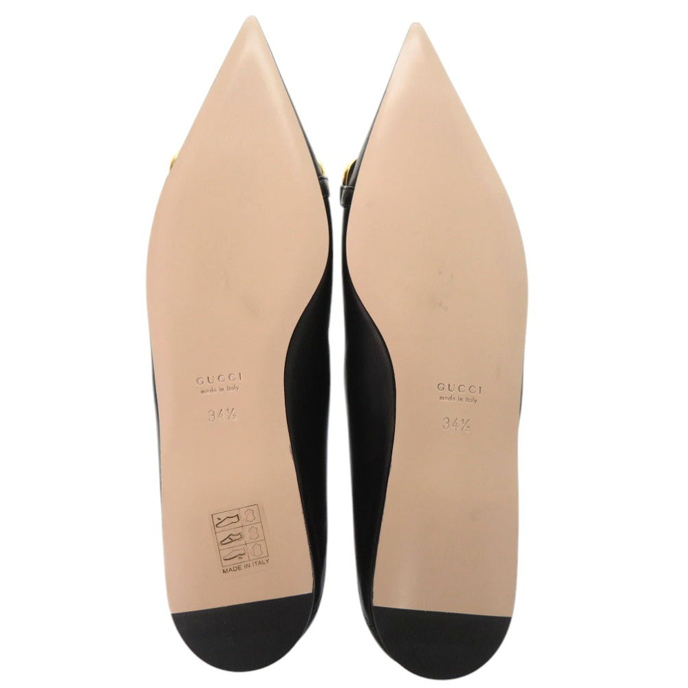 Gucci Pumps 621161 Leather Black Chain Pointed Toe Flats Horsebit Women 34 1/2