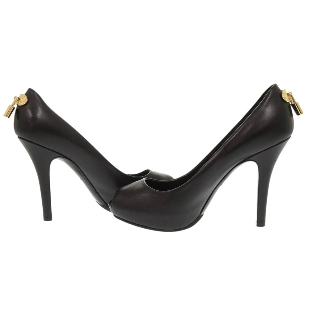 Louis Vuitton Pumps Leather Black Open Toe Padlock Women 36