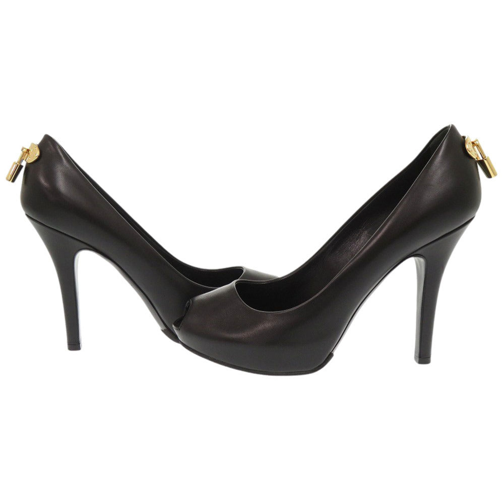 Louis Vuitton Pumps Leather Black Open Toe Padlock Women 36