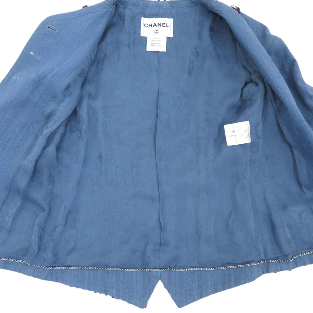 Chanel Denim Jacket Cotton Blue Collarless Jacket Coco Mark Women 34