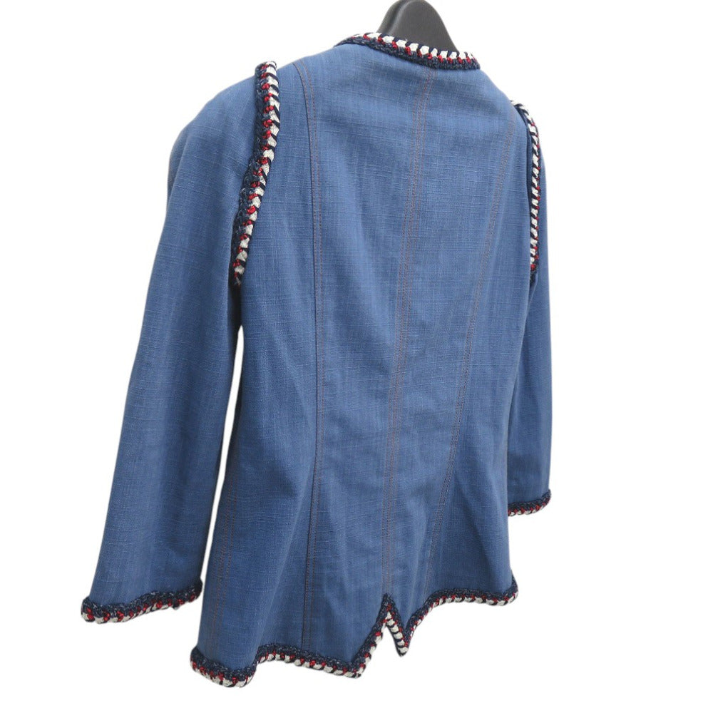 Chanel Denim Jacket Cotton Blue Collarless Jacket Coco Mark Women 34