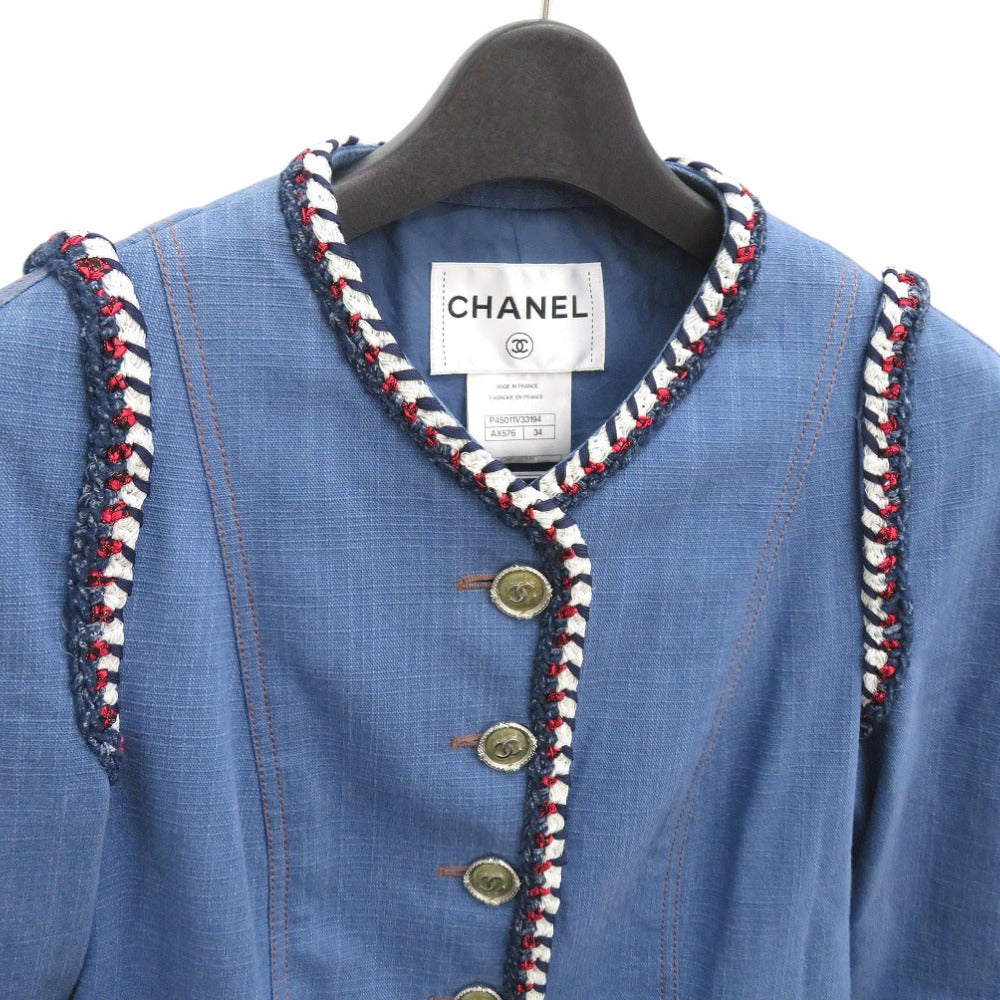 Chanel Denim Jacket Cotton Blue Collarless Jacket Coco Mark Women 34