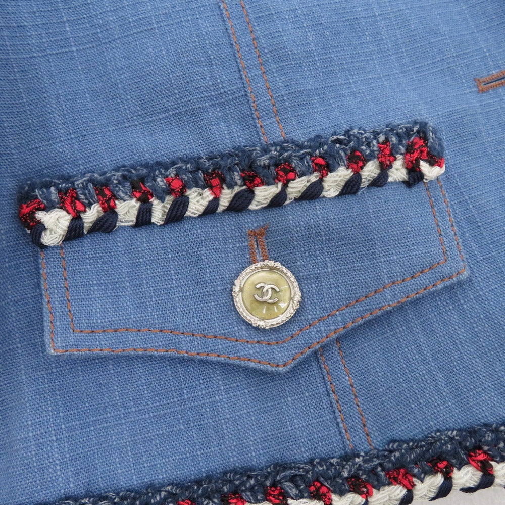Chanel Denim Jacket Cotton Blue Collarless Jacket Coco Mark Women 34