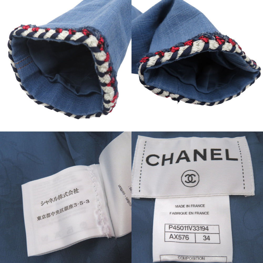Chanel Denim Jacket Cotton Blue Collarless Jacket Coco Mark Women 34