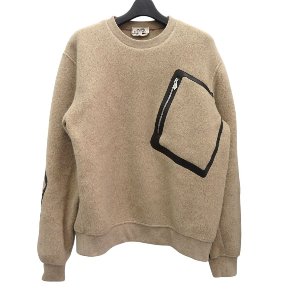 Hermes Knit Wool Beige Crewneck Round Neck Sweater Pocket Piping Pullover Knit Pullover Crewneck