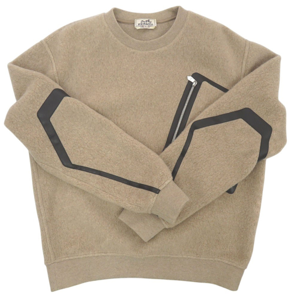 Hermes Knit Wool Beige Crewneck Round Neck Sweater Pocket Piping Pullover Knit Pullover Crewneck