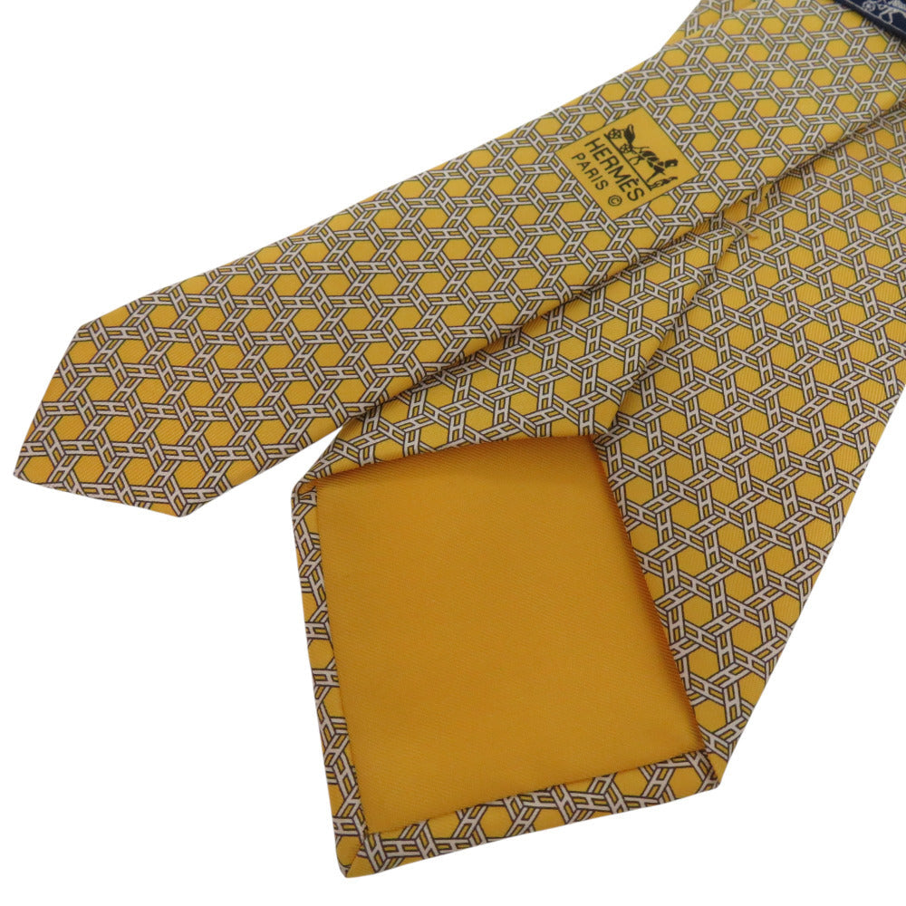 Hermes Tie Silk Yellow All-Over H Logo Chene Dunkle Mens
